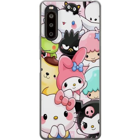 Kompatibelt Mobildeksel til Sony Xperia 10 II Tett mønster av søte figurer med store øyne i ulike farger og uttrykk med LABUBU-tekst