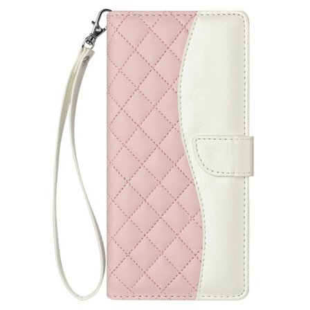 Fodral för iPhone 16 Rosa+vit+kort rep In Colorblock Diamantplånbok med korthållare Blandade material