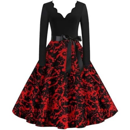 BTBDYDH Halloween Klänning Retro Långärmad V-ringad Klänning Utsvängd Vintage Hepburn Klänningar Pumpa Fladdermus Häxa Tryckt Cosplay Party Kostym 