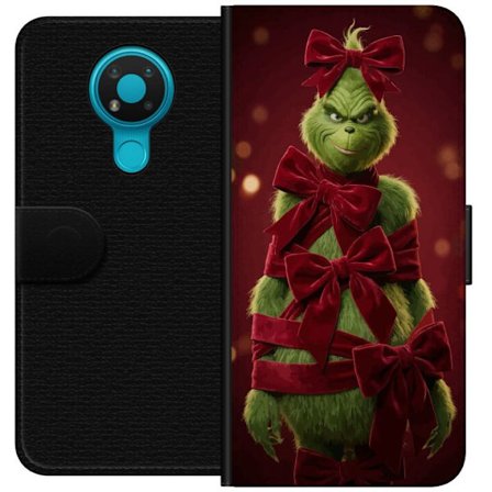 Yhteensopiva Lompakkokotelo Nokia Nokia 3.4 Grinchi-hahmo koristeltu punaisilla samettinauhoilla juhlavassa studiossa, leikkisällä ja humoristisella