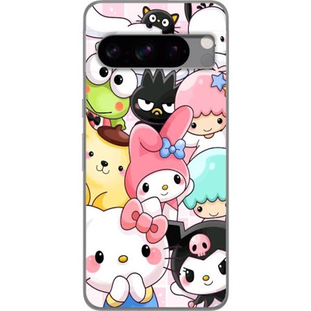 Kompatibelt Mobildeksel til Google Pixel 8 Pro Tett mønster av søte figurer med store øyne i ulike farger og uttrykk med LABUBU-tekst