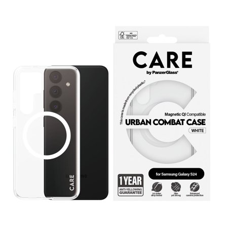 CARE by Panzer Flagship Case Transparent Urban Combat w. White Qi Compatible Samsung Galaxy S24 PanzerGlass - High quality tempered glass screen 