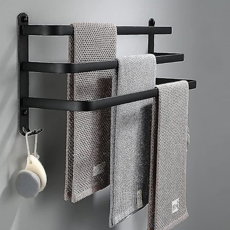 Håndklestang for bad, svart selvklebende veggmontert håndklestang for dusj og kjøkken, vanntette håndklestang med krok (svart, 60 cm.)