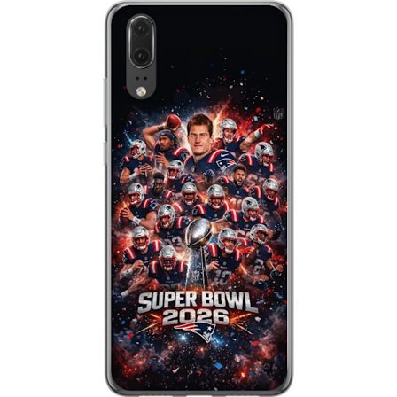 Yhteensopiva Puhelinkuori Huawei P20 Super Bowl 2026 juliste, jossa New England Patriots ja NFL-mestaruuspalkinto räjähtävän urheilullisessa suunnitte
