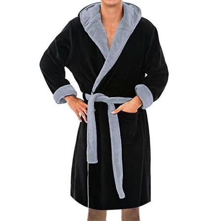 Menn Hettebadekåpe Myk Fleece Morgenkåpe Patchwork Natttøy Black 4XL