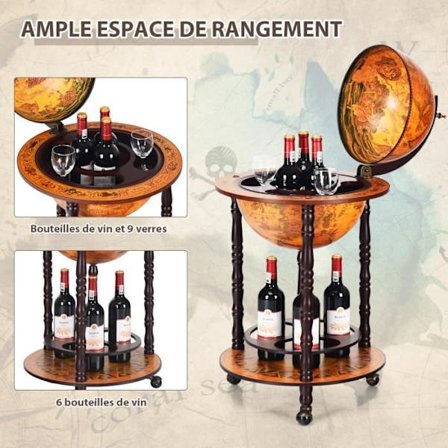 COSTWAY Bar Globe Vintage Eucalyptus Wood Världskarta med 3 hjul och 1500-tals italiensk stil, 47 x 47 x 90 cm