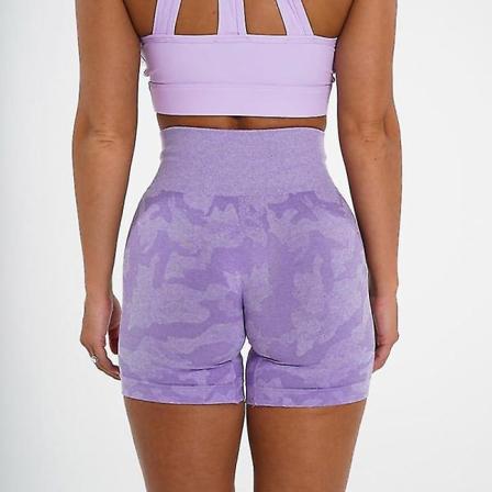 Sømløse kamuflasjeshorts med høy midje for kvinner, sportstøy, leggings, camo, fitness, yogashorts, treningsbukse, treningsklær, XS, lilla
