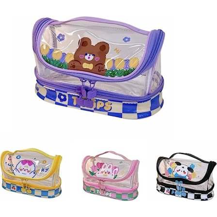 Kawaii Blyantsæske, Tegneserie Transparent Blyantsæske med Dobbeltlag Stor Kapacitet Blyantsæske (Lilla)