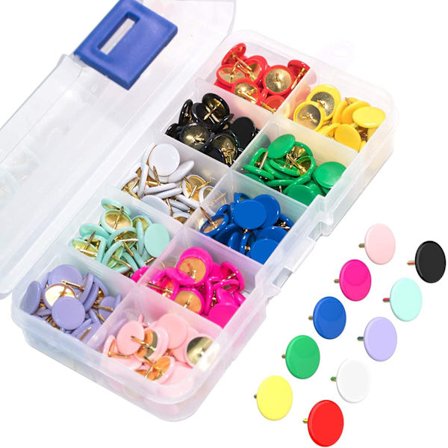 600 stk fargerike trykknapper med flatt rundt hode og gullstål