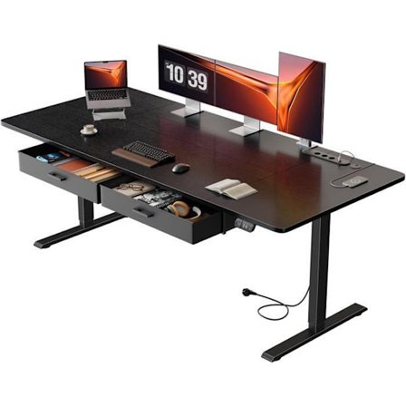 HLONONE Hæve-Sænkebord Elektrisk 180 x 80 cm, Bord med USB-C porte, Højdejusterbart Bord med 2 Udtagelige Skuffer, Sort