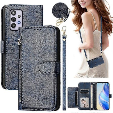 Flip-deksel for Samsung Galaxy A32 5G – Beskyttende lommebokdeksel i mykt PU-skinn med glidelås, kortholder og lang stropp