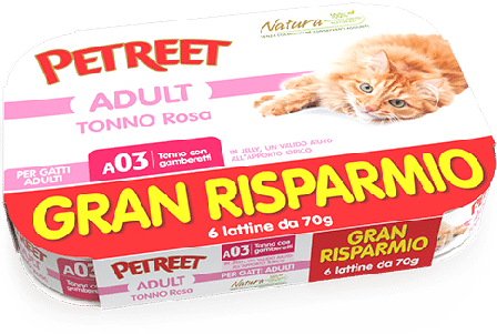 Petreet Tonno Rosa Con Gamberetti Cibo Umido Gatto Adulto 6x70g