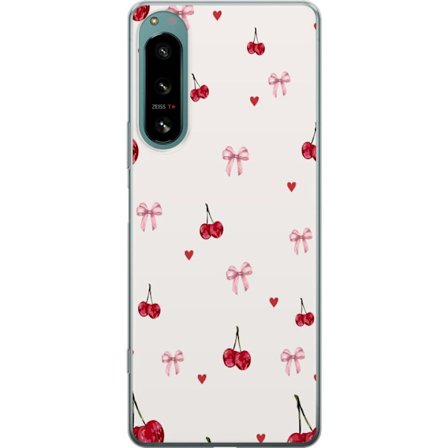 Yhteensopiva Puhelinkuori Sony Sony Xperia 5 IV Kirsikkakuvioiset rusettit ja sydämet suloisessa ja leikkisässä kuosissa vaaleanpunaisina ja punais