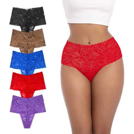 2025 Senaste Modell Hög Midja Blad Tjockt Midjeband Spets Bomull Andningsbara Stringtrosor Plus Storlek Paket 5 Storlek Small till 4X-Large 5 Delar