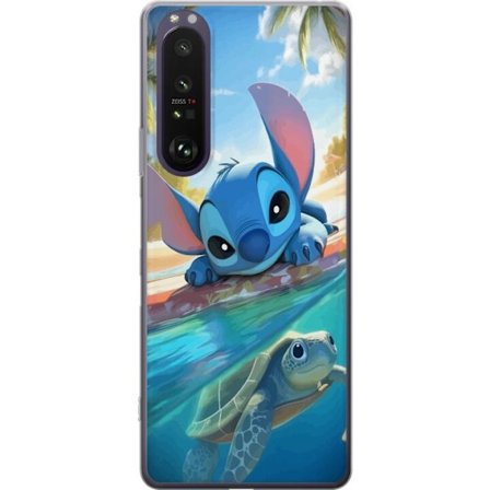 Yhteensopiva Puhelinkuori Sony Sony Xperia 1 III Stitch kilpikonnalla - söpö sininen avaruusolento trooppisessa rantaympäristössä Disneyn tapaan