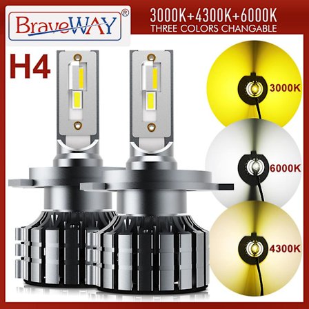 -braveway 3000k+4300k+6000k H4 LED Forlygte til Billamper H4 LED Canbus Bi-led H4 Pærer 12v 12000lm 3 Farver Hvid Gul
