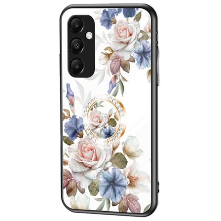 Til Samsung Galaxy A35 Hærdet Glas Etui Ring Kickstand Telefon Cover - White Flower