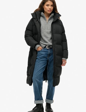 Superdry Longline Hooded Puffer Jacket - Black - S