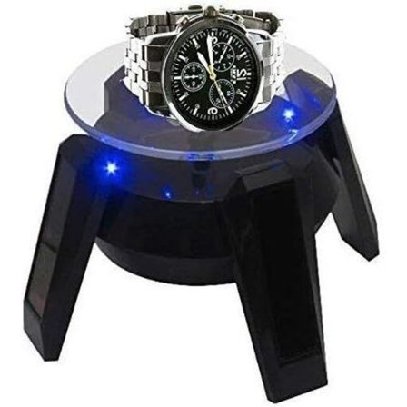 Solcelledrevet roterende smykkeplattform, roterende utstillingsstativ for smykker, telefon, klokker, med LED-lys, svart