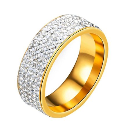 Glittrande Ring i Rostfritt Stål i Guld Färg med 5 rader Rhinestones/Strass - Stl 21