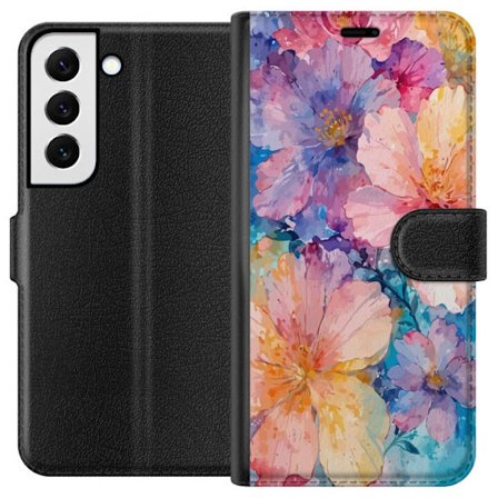 Kompatibel Tegnebogsetui til Samsung Samsung Galaxy S22+ 5G Vandfarve maleri med store blomster i lyserød, blå og gul toner i en blød kunstnerisk s