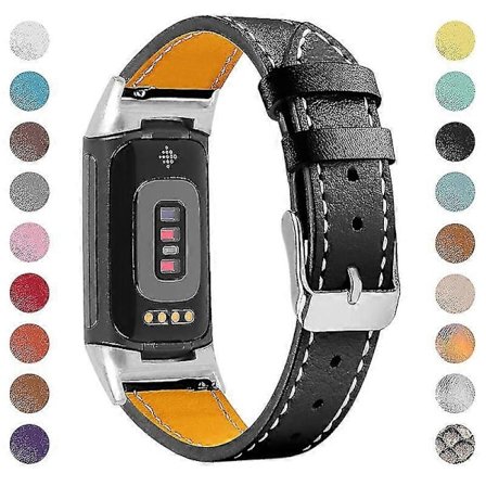 Premium Äkta Läderarmband för Fitbit Charge 5/6 - Mjukt Justerbart Ersättningsarmband Svart