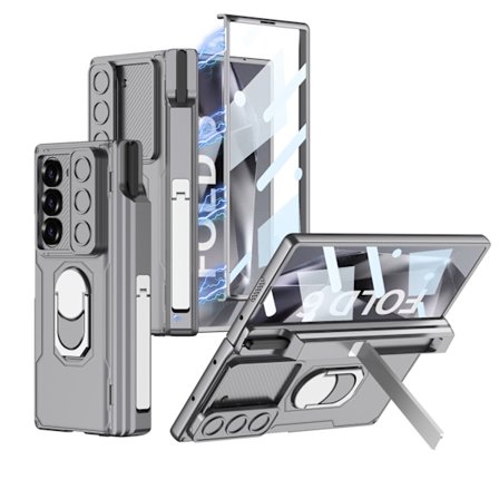 Etui til Samsung Z FOld6 magnetisk mobiltelefon med panser, skubbevindue, moderigtigt forretningslook, trendy penneholder, foldbar beskyttende cover