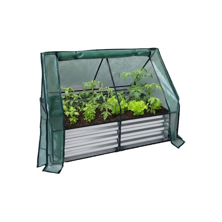 Korotettu puutarhapenkki kasvihuonesuojalla, metallia