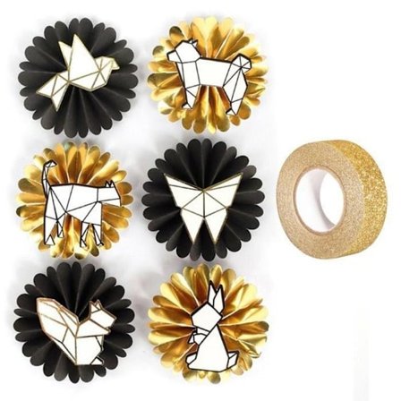 6 3D geometriska & origami djurklistermärken + gyllene glitter maskeringstejp 5 m
