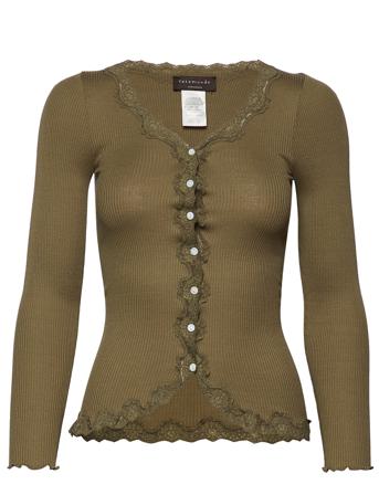 Silk Cardigan W/ Lace Strikkegenser Cardigan Grønn Rosemunde