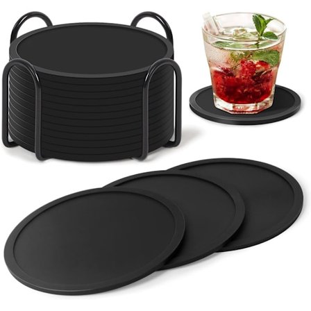 Glasbrikker Sæt med 12, Runde Silikonebrikker, Skridsikre og Varmeisolerede, Sort Brikkesæt med Opbevaringsstativ