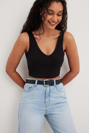 NA-KD Basic Ekologisk V-ringad ribbad crop-topp - Crop Tops - Svart - XX-Large