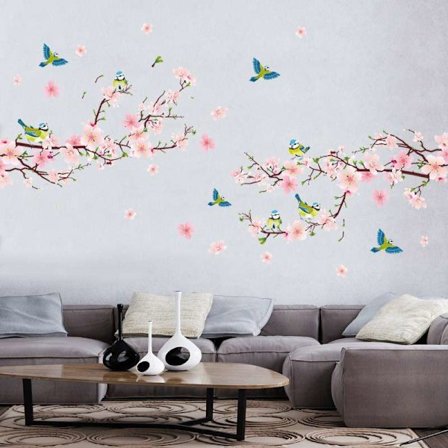 BIRDS Peach Blossoms Klistremerker (250x150 cm) I Veggkunst Klistremerker R