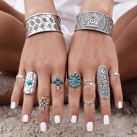 Boho Ringe Sæt Sølv Turkis Stabelbare Finger Ringe Justerbar Åben Ring Midi Størrelse Ringe Sæt Til Kvinder Og Piger 9stk