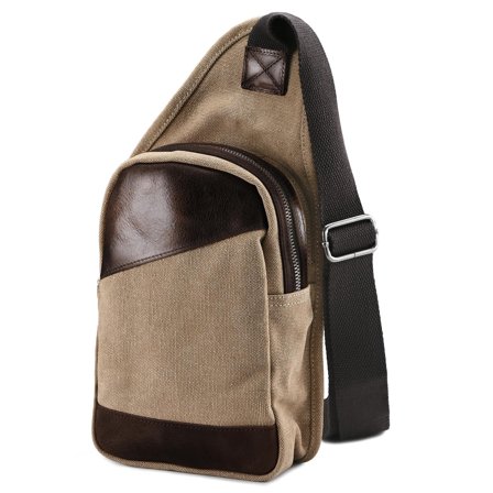 Khaki Canvas & Leather Crossbody Shoulder Bag for Men - Shoulder bags