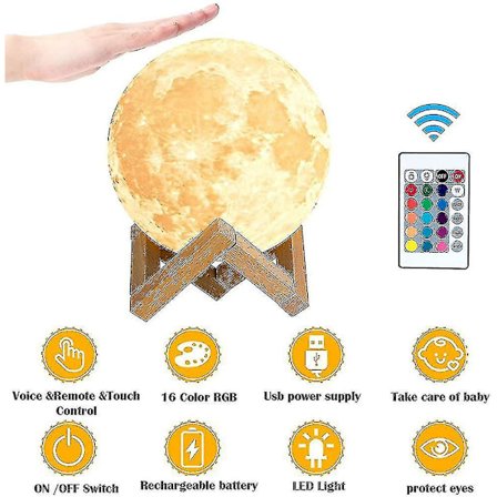 Månelampe - 3D-trykt LED-månelys for barn, dimbar berøringskontroll