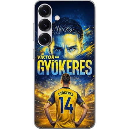 Kompatibelt Mobildeksel til Samsung Samsung Galaxy S25 Viktor Gyökeres fotballplakat i gult og blått med dramatisk stadionbakgrunn, sportillustrasjo