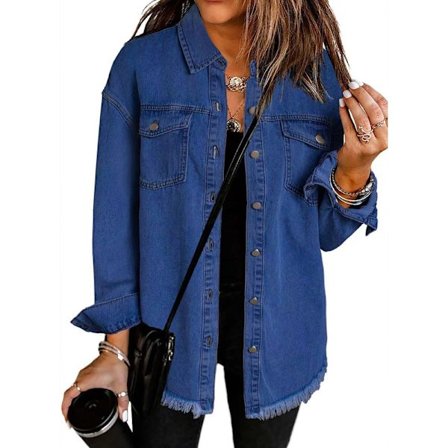 Oversized Denimjakke for Kvinner, Avslappet Lang Boyfriend Distressed Jeans Skjorte