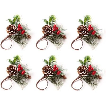 Serviettringer Sett med 6 Furu Nål Bær Jul Thanksgiving Ferie Rustikk Farmhouse Ring Holdere