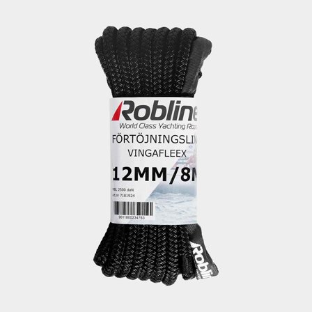 Mooring line with reinforced eye Robline Vingafleex, 16-braided polyester, extra elastic, Ø12 mm, 8 meters, black