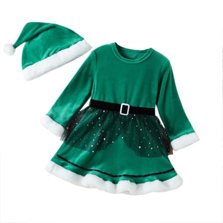 Flickor Långärmade Julklänningar Med Hatt 2 Delar Outfits