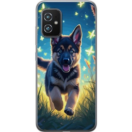 Kompatibel Mobilcover til Asus Asus Zenfone 8 Tysk hyrdehund hvalpeplakat, hvalp hund springer mark sommerfugle sød hund illustration blå nat kunst