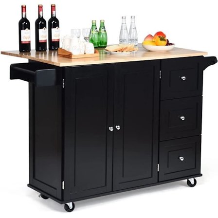 COSTWAY Trolley on Wheels Rullende køkkenservice med sammenklappelige træbordplader Sort opbevaringsskab