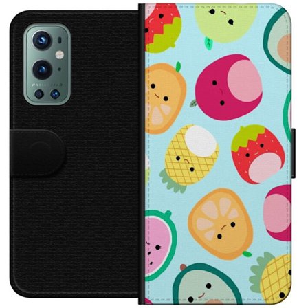 Kompatibel Tegnebogsetui til OnePlus 9 Pro Mønster af kawaii frugter som jordbær citron ananas og avocado på lyseblå baggrund