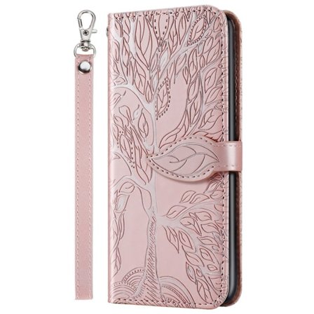 Fodral för iPhone16 Roséguld Livets Träd Läderfodral Trä Präglat