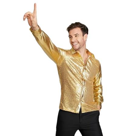 Herr paljetter långärmad skjorta Metallic 56-talsskjorta Button-Down skjortor Gold M