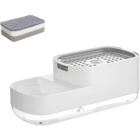 Sæbedispenser - 2 i 1 - Svampeholder - Sæbedispenser - Afløbsbakke - Svamp inkluderet - Bordplade - Tryktype - Køkkentilbehør - Vask