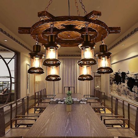 6-ljus 78 cm Hängande lampa i trä och glas med målade ytor