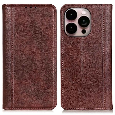 iPhone 14 Pro Max ægte læderetui med magnetisk lukning - Brun