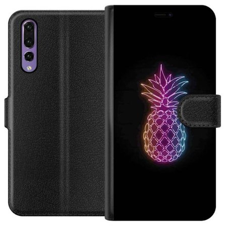 Yhteensopiva Lompakkokotelo Huawei Huawei P20 Pro Neonkuvitus ananaksesta värikkäässä valossa mustaa taustaa vasten